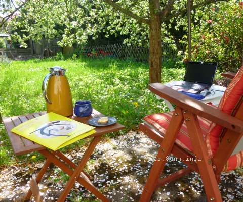 Homeoffice im garten unter einem blühenden Apfelbaum