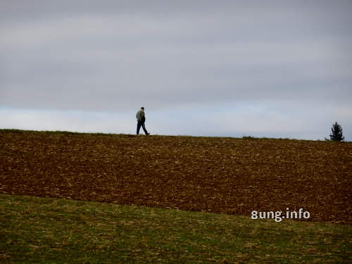 Spaziergänger vor grauem Himmel, dunkles Feld