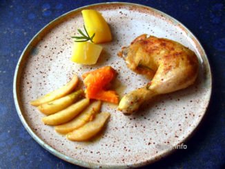 Hähnchenkeulen mit Winterbirnen-Gemüse und Kartoffeln