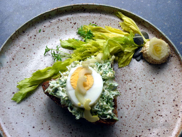 Kresse, Ei, Bleichsellerie, Kürbiskerne mit Frischkäse auf dem Vollkornbrot