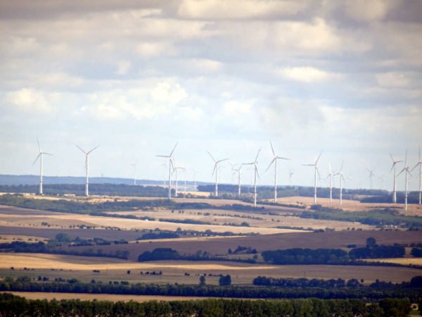 Blick auf Büsche, Felder und Windräder