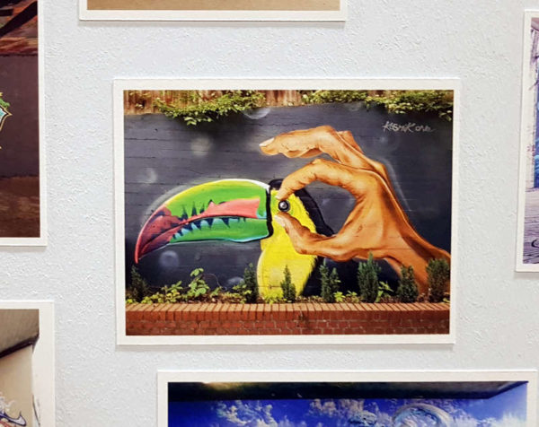 ☛ Graffiti in Stuttgart im Stadtpalais | Kulturmagazin 8ung.info Graffiti-Foto - bunter Tukan mit Hand