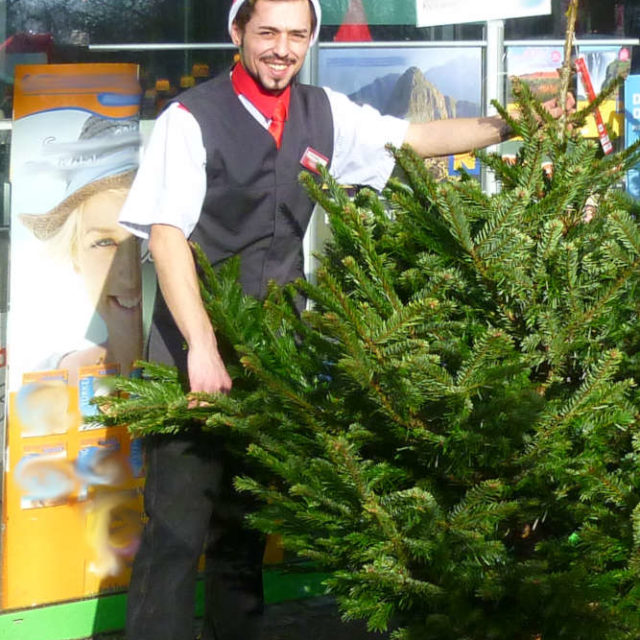 Verkäufer mit Weihnachtsbaum