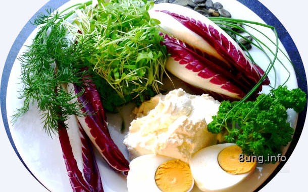 Radicchio, Ei, Kresse, Petersilie, Dill, Schnittlauch, Kürbiskerne mit Frischkäse