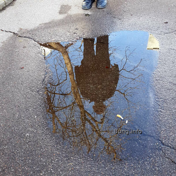 Pfütze im Asphalt, Spiegelung mit blauem Himmel, Baum und Mann