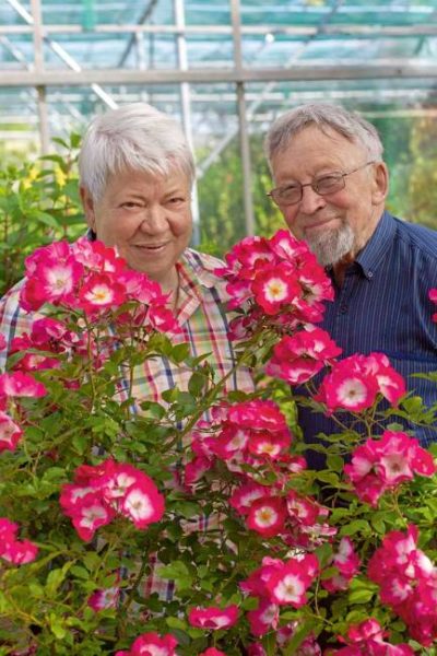 Älteres Gärtnerpaar, zufrieden lächelnd hinter ihren Blumen