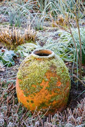 Mark Bolton: Ich träume von einem Cottage-Garten – verliebt in Rittersporn, Phlox und Fingerhut. (c) Callwey Verlag Altes Terrakottagefäß mit Moos bewachsen im Winter