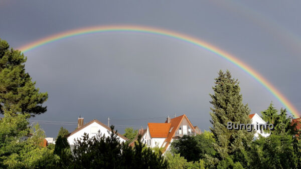 Regenbogen mit dunklen Wolken im Hintergrund