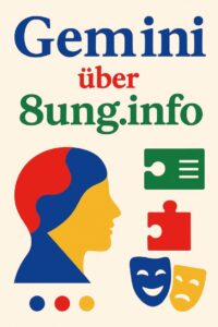Ki gemini über 8ung.info, Symbole für Theatermaske, Puzzleteil, Zeitung