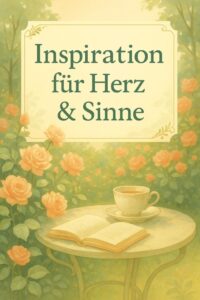 Ein aufgeschlagenes Buch und eine Tasse Tee stehen auf einem Gartentisch, umgeben von blühenden Rosen im warmen Sonnenlicht.