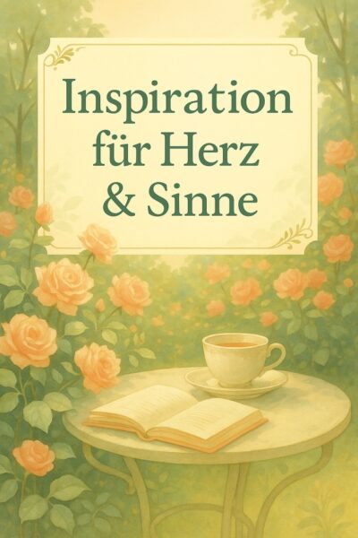 Rosengarten, Gartentisch mit Buch und Teetasse