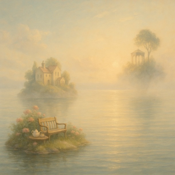 Eine hölzerne Bank steht auf einer kleinen Blumeninsel im ruhigen Wasser, im Hintergrund sind Häuser und Bäume im Abendnebel zu sehen.