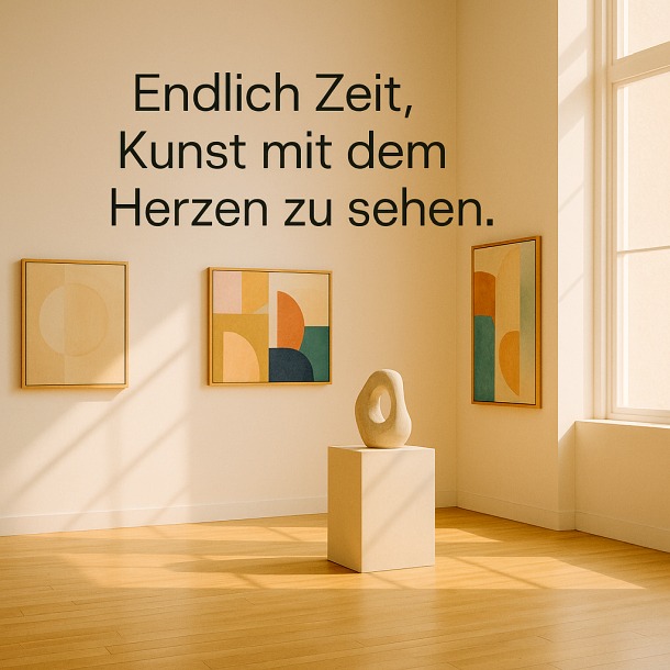 Ein heller Galerieraum mit minimalistischen Gemälden und einer Skulptur im Sonnenlicht
