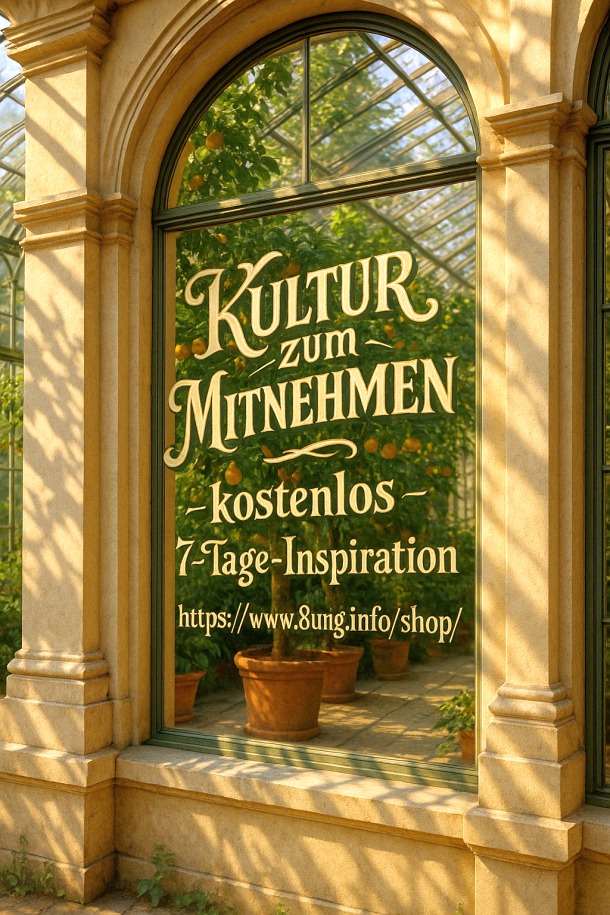 Fenster mit Aufschrift: "Kultur zum Mitnehmen - kostenlos, 7-Tage-inspiration - https://www.8ung.info/shop/