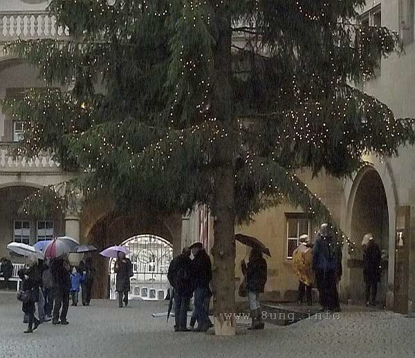 Regenwetter kurz vor Weihnachten, Weihnachtsbaum und Menschen mit Schirmen