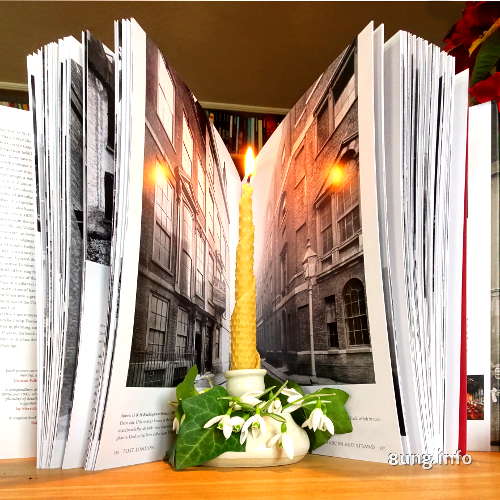 Phänologischer  Frühlingsanfang - Schneeglöckchen im Kerzenhalter mit Fotobuch über Häuserschluchten im Hintergrund